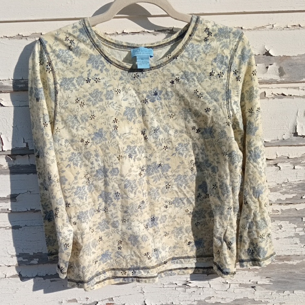 Sigrid Olsen Kids Floral Long Sleeve Shirt in Cream and Blue